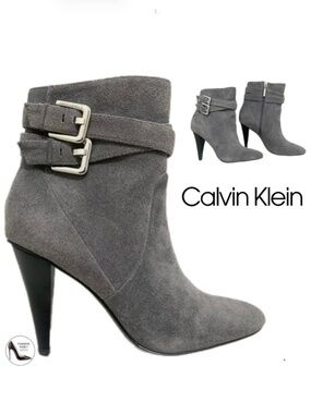 Calvin Klein Cambria Gray Suede Leather High Stiletto Heel Ankle Boots Booties 7